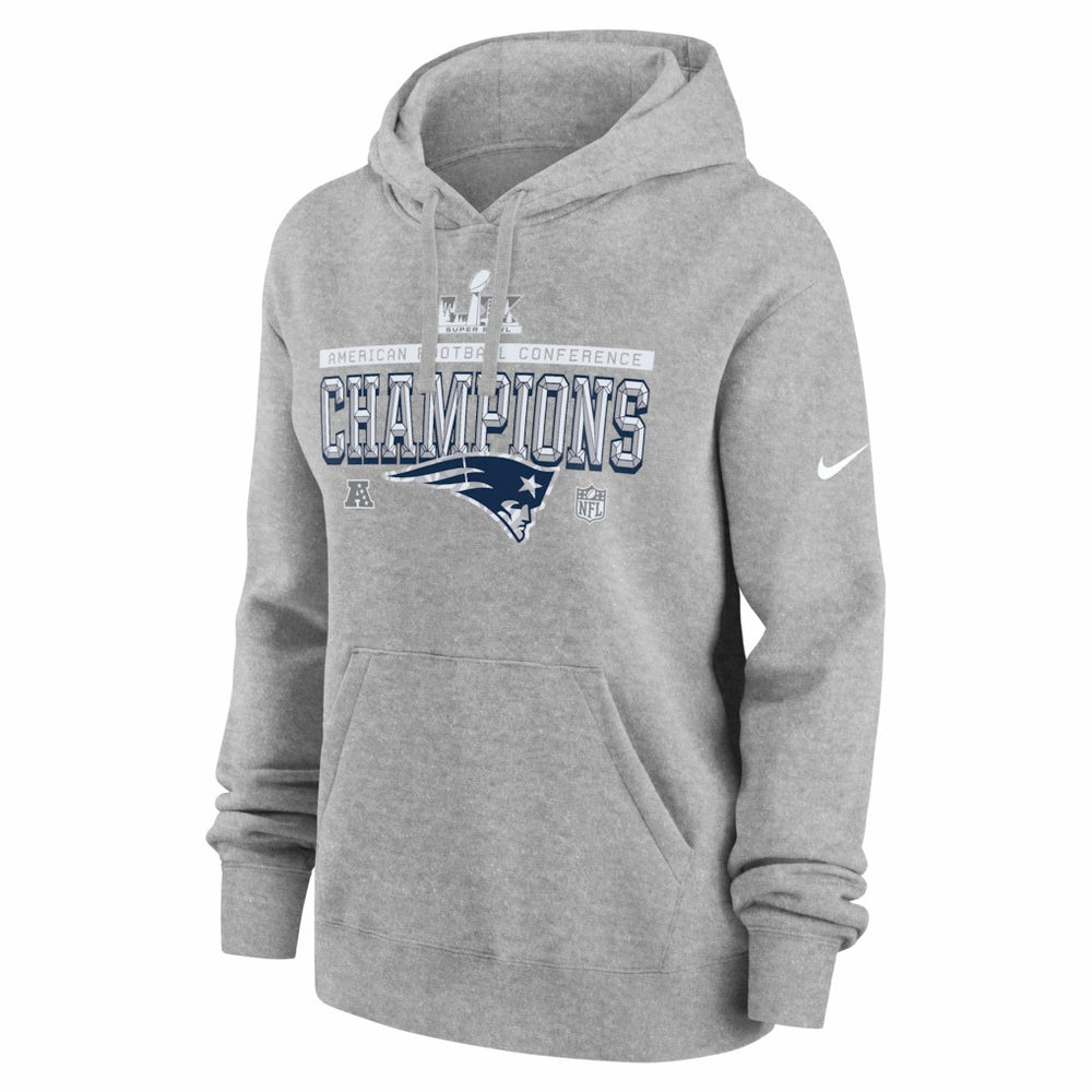 New England Patriots Women's 2025 AFC Champions Locker Room Trophy Collection Club Fleece Hoodie Heather Gray | Nike for Sale
