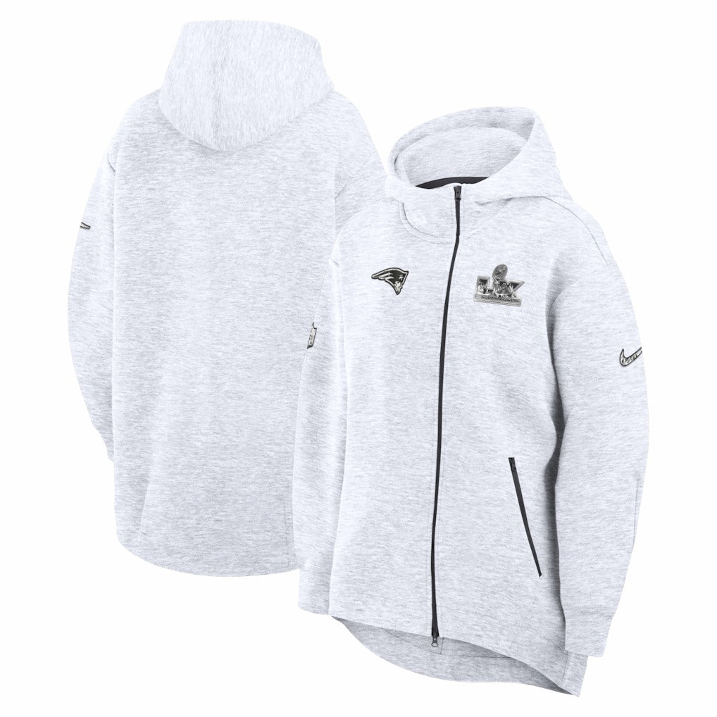 New England Patriots Women's Super Bowl LX Opening Night Tech Fleece Full-Zip Hoodie Heather Gray | Nike for Sale