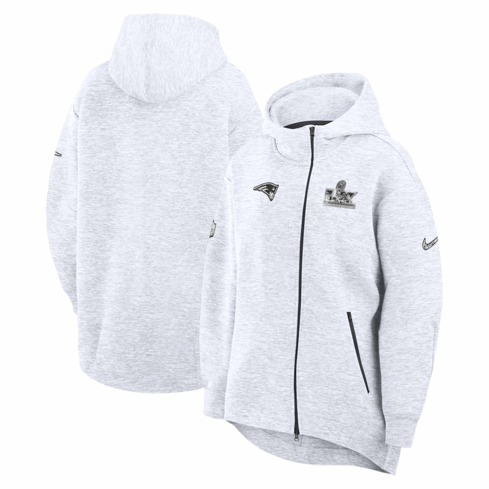 New England Patriots Women's Super Bowl LX Opening Night Tech Fleece Full-Zip Hoodie Heather Gray | Nike for Sale