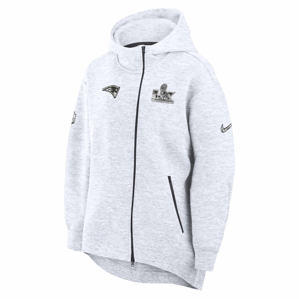 New England Patriots Women's Super Bowl LX Opening Night Tech Fleece Full-Zip Hoodie Heather Gray | Nike for Sale