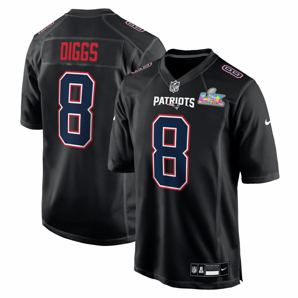 Stefon Diggs New England Patriots Super Bowl LX Patch Carbon Fashion Game Jersey Black | Nike for Sale