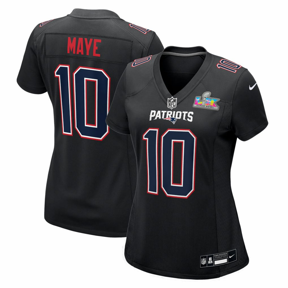 Drake Maye New England Patriots Women's Super Bowl LX Patch Carbon Fashion Game Jersey Black | Nike for Sale