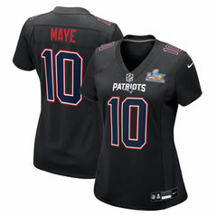 Drake Maye New England Patriots Women's Super Bowl LX Patch Carbon Fashion Game Jersey Black | Nike for Sale