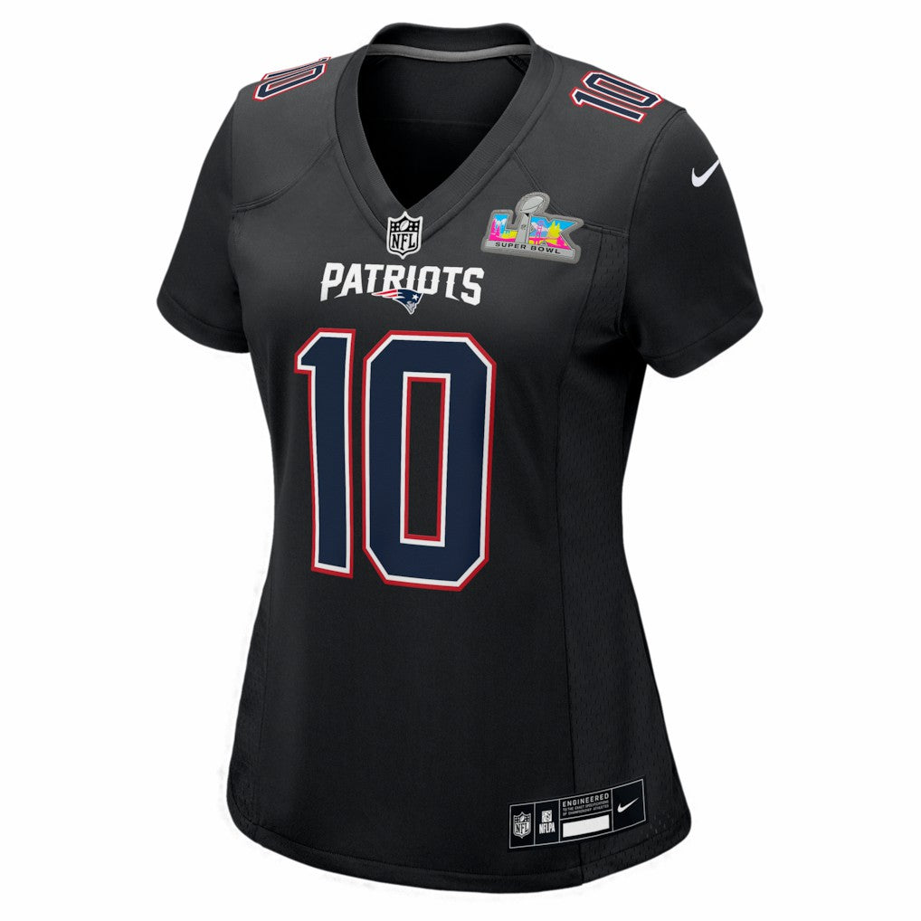 Drake Maye New England Patriots Women's Super Bowl LX Patch Carbon Fashion Game Jersey Black | Nike for Sale