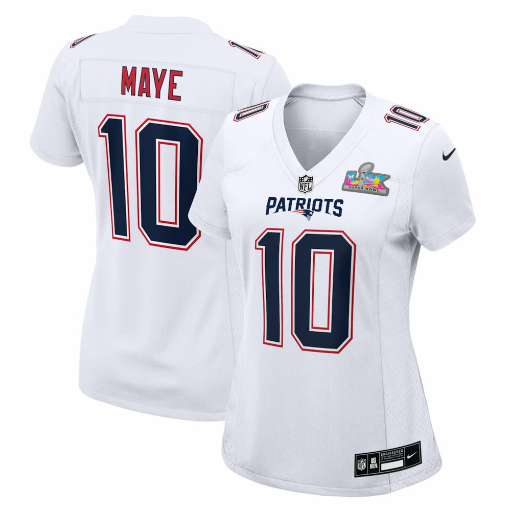 Drake Maye New England Patriots Women's Super Bowl LX Patch Tundra Fashion Game Jersey White | Nike for Sale