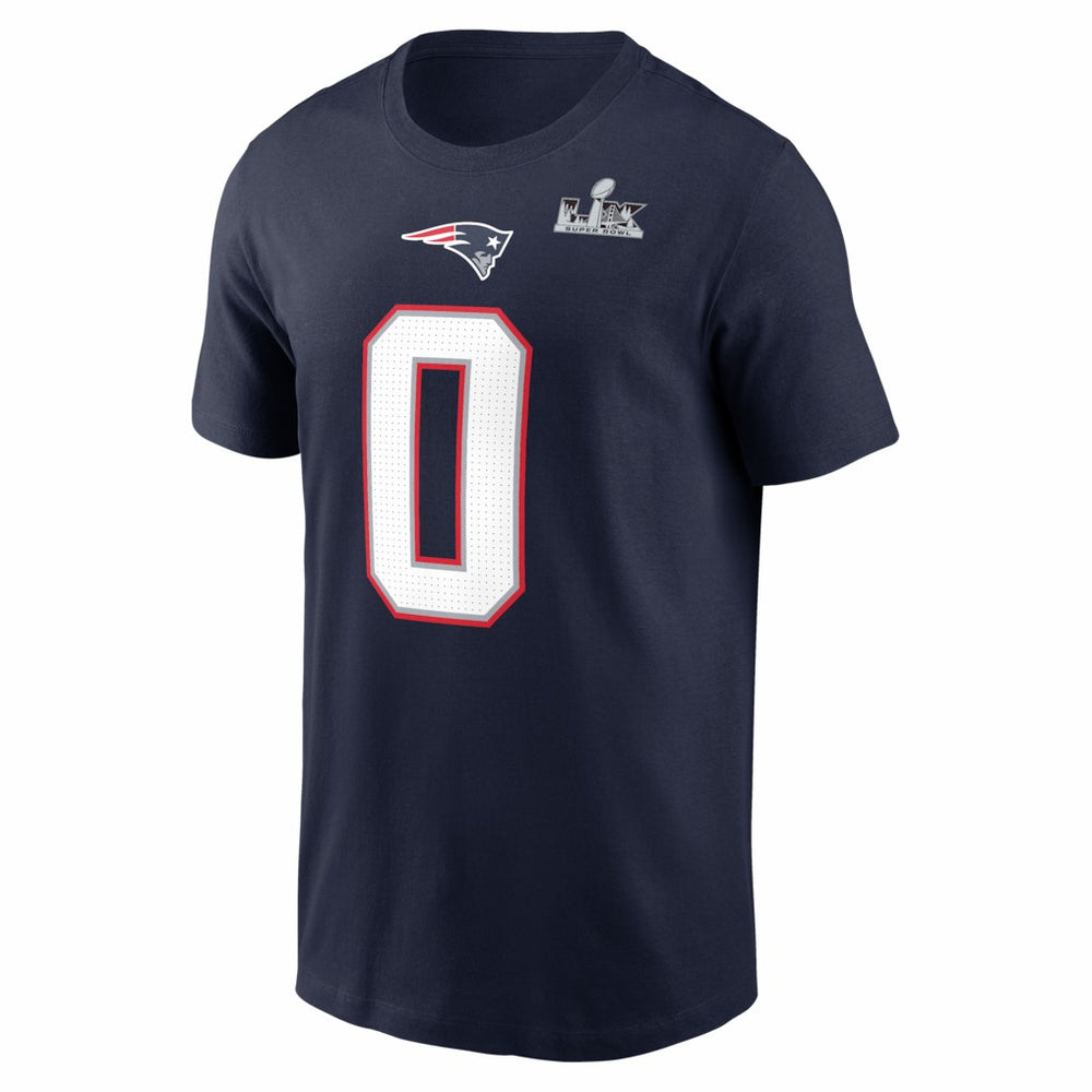 Christian Gonzalez New England Patriots Super Bowl LX Patch Name & Number T-Shirt Navy | Nike for Sale