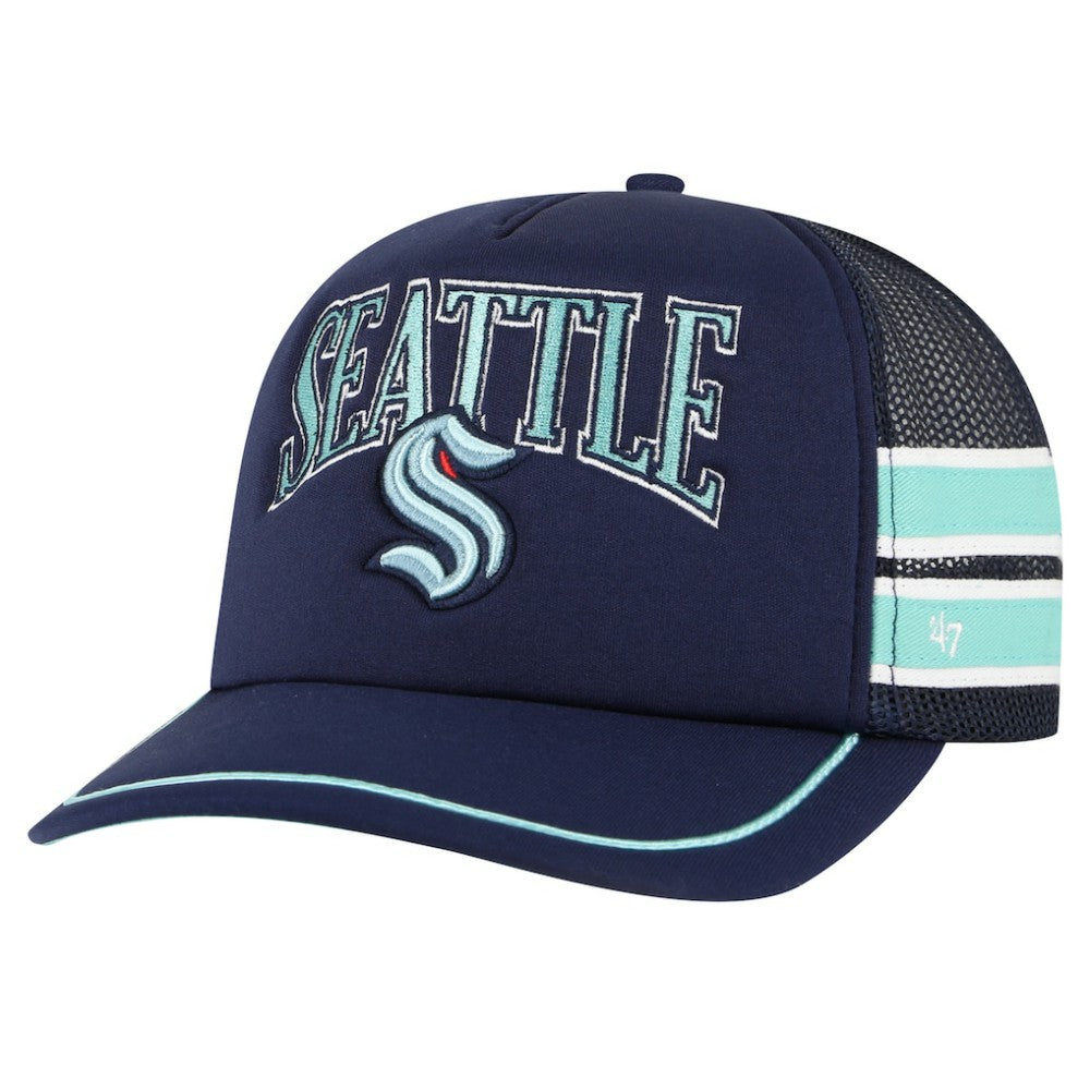 Seattle Kraken '47 Sideband Stripes Trucker Snapback Hat - Deep Sea Blue - NHL