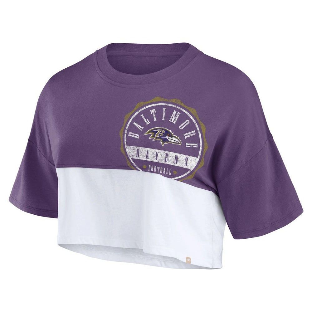 Baltimore Ravens Women's Boxy Color Split Cropped T-Shirt Purple/White | Fanatics
