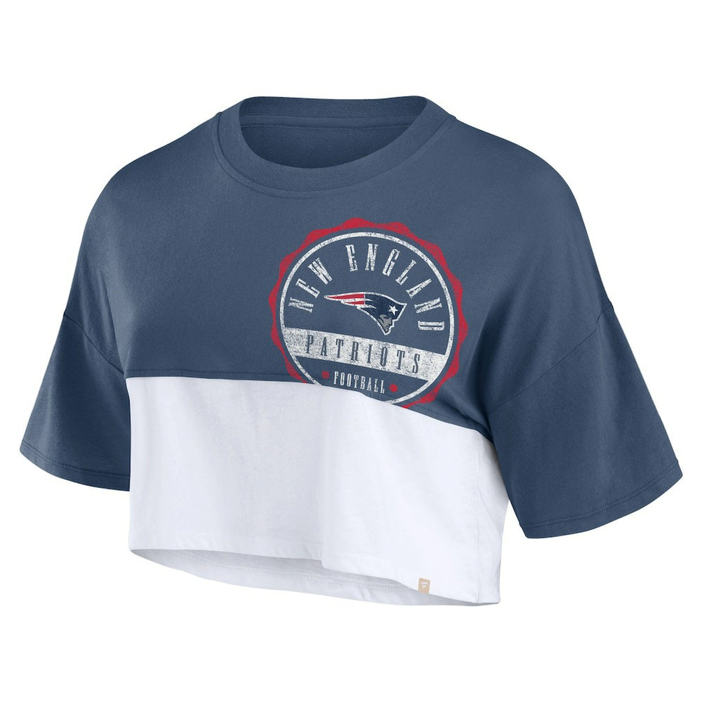 New England Patriots Women's Boxy Color Split Cropped T-Shirt Navy/White | Fanatics