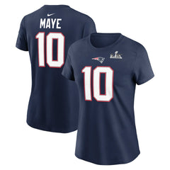 Drake Maye New England Patriots Women's Super Bowl LX Patch Name & Number T-Shirt Navy | Nike for Sale