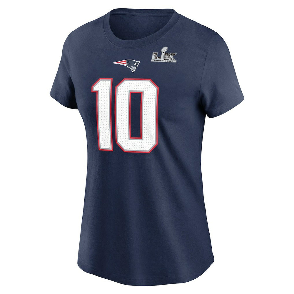 Drake Maye New England Patriots Women's Super Bowl LX Patch Name & Number T-Shirt Navy | Nike for Sale