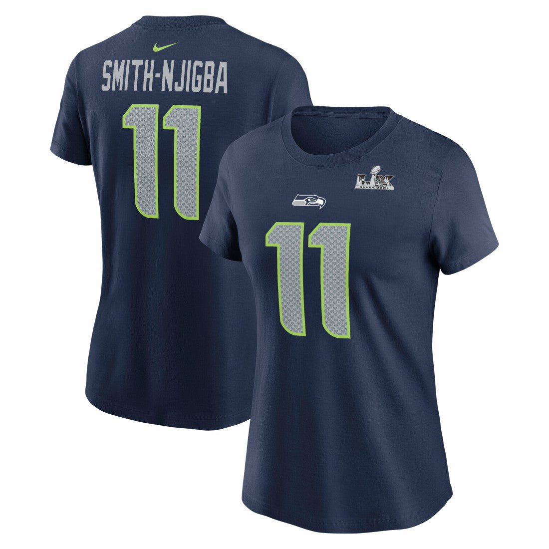 Jaxon Smith-Njigba Seattle Seahawks Women's Super Bowl LX Patch Name & Number T-Shirt College Navy | Nike for Sale