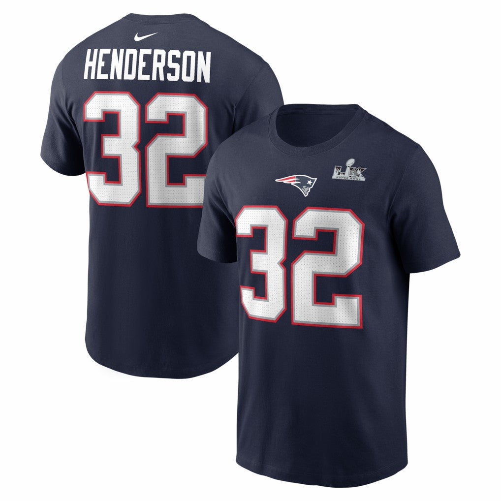 TreVeyon Henderson New England Patriots Super Bowl LX Patch Name & Number T-Shirt Navy | Nike for Sale