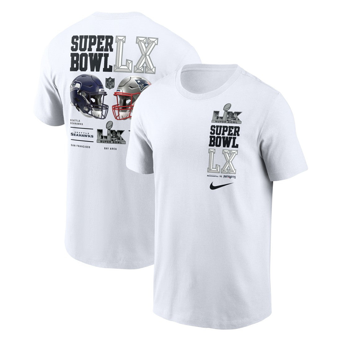 New England Patriots vs. Seattle Seahawks Super Bowl LX Dueling T-Shirt White | Nike for Sale