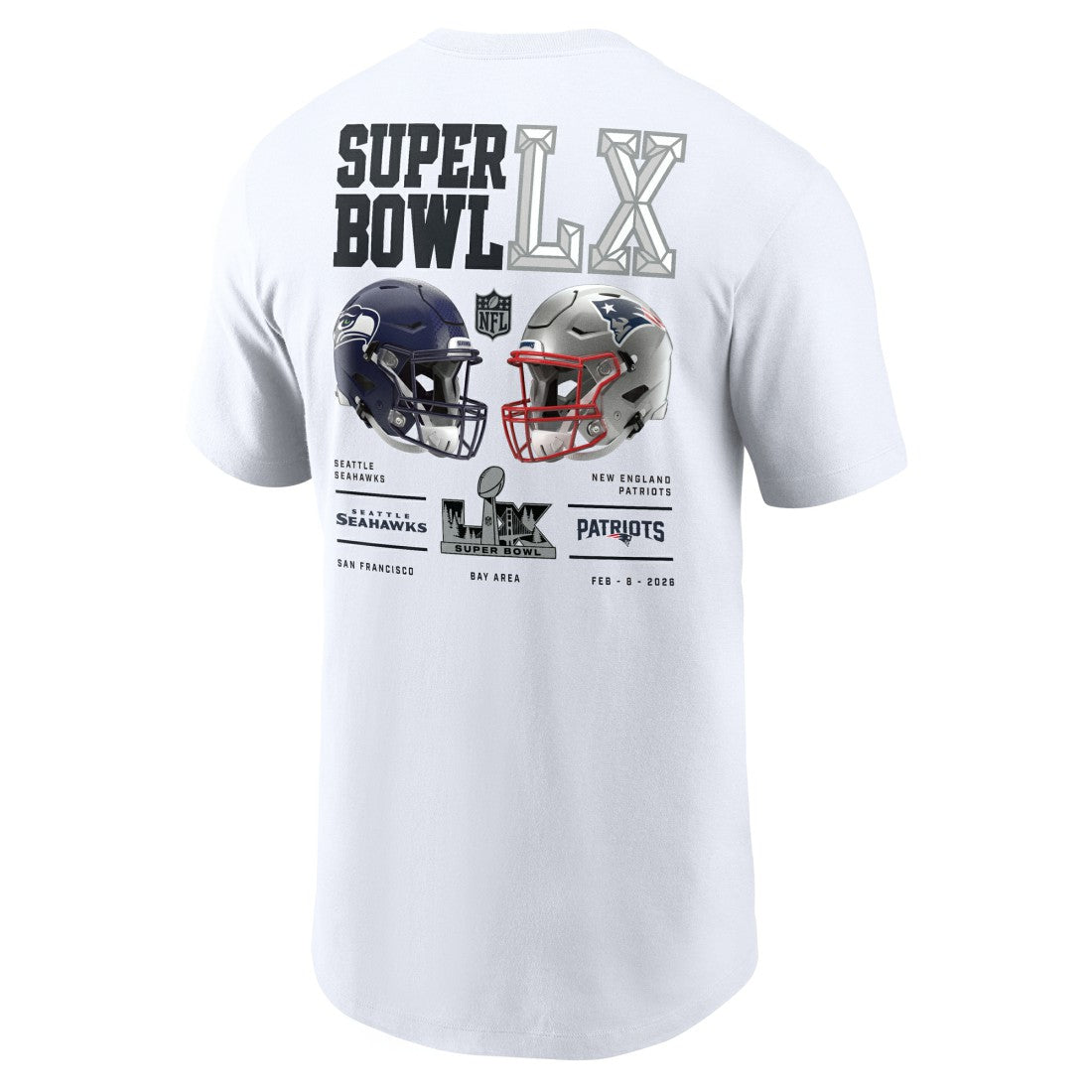New England Patriots vs. Seattle Seahawks Super Bowl LX Dueling T-Shirt White | Nike for Sale