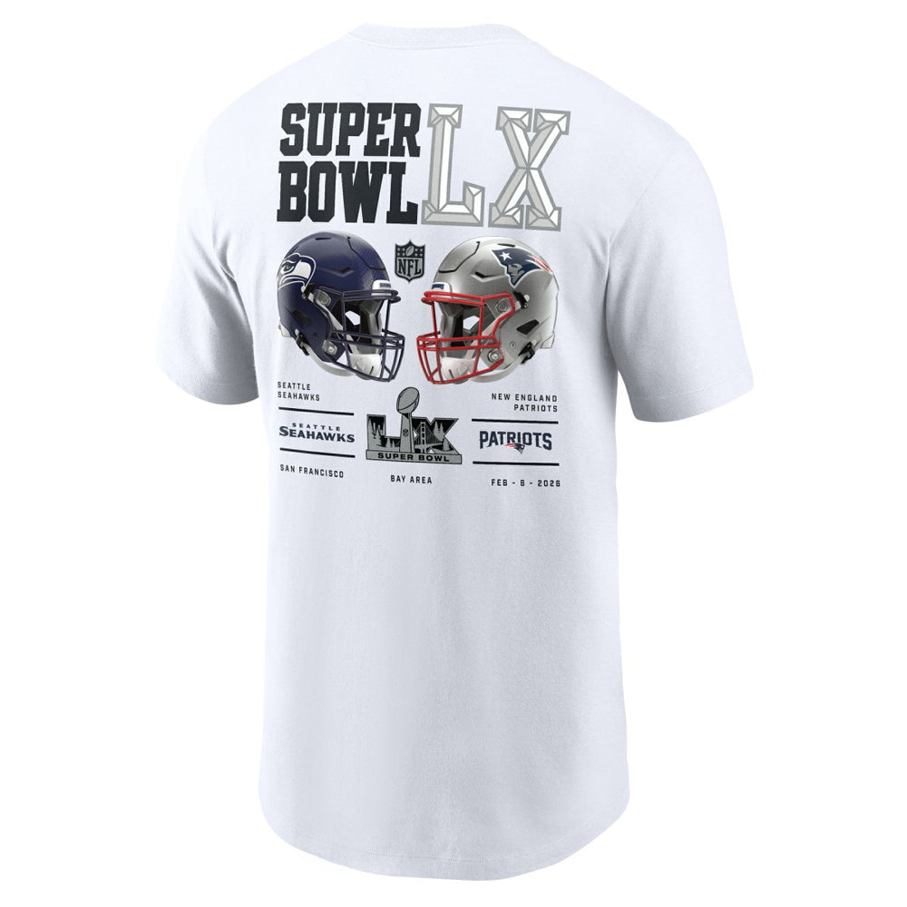 New England Patriots vs. Seattle Seahawks Super Bowl LX Dueling T-Shirt White | Nike for Sale