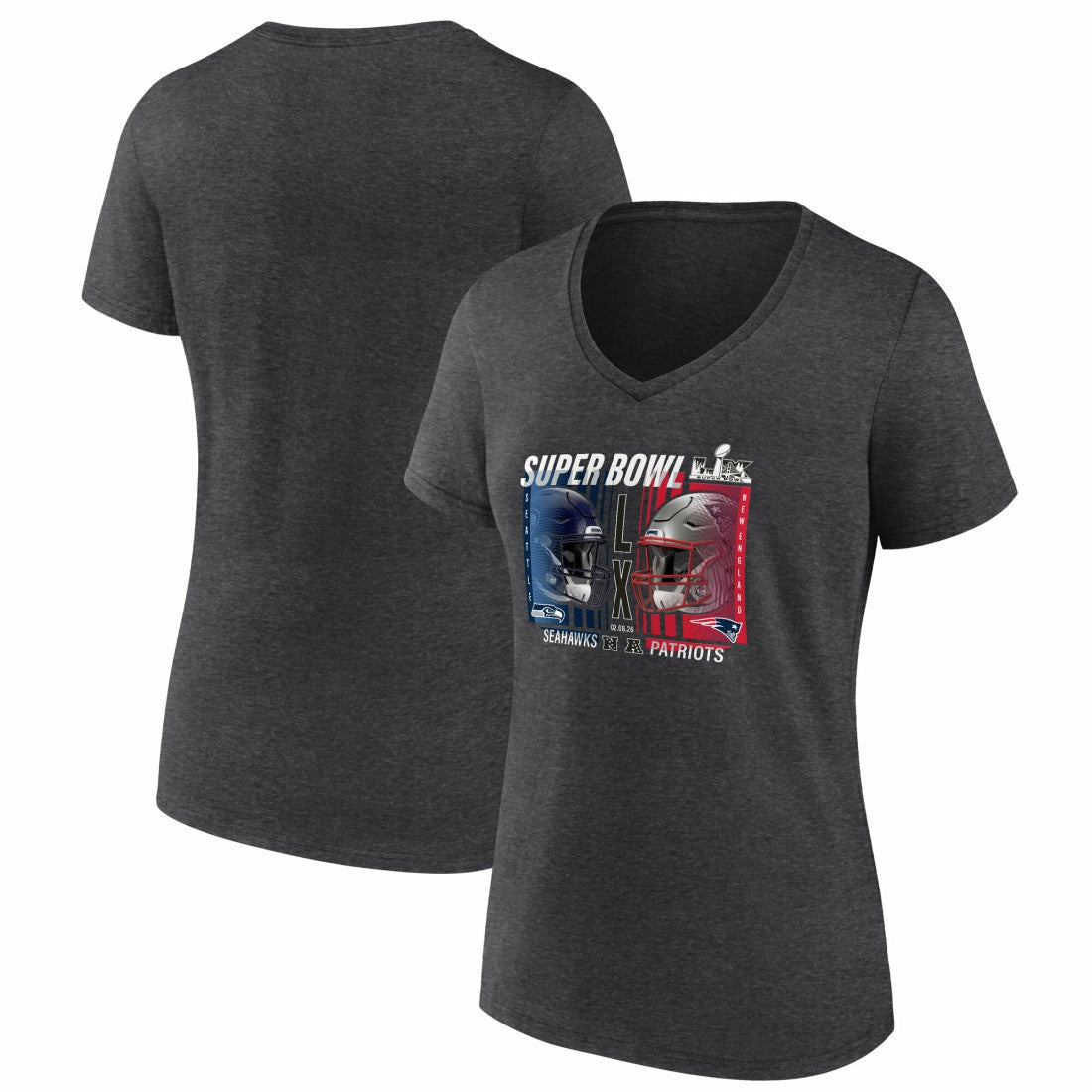 New England Patriots vs. Seattle Seahawks Women's Super Bowl LX Matchup Final Battle V-Neck T-Shirt Heather Charcoal | Fanatics