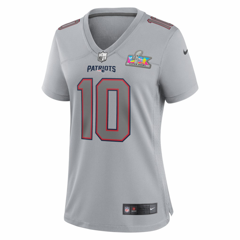 Drake Maye New England Patriots Women's Super Bowl LX Patch Atmosphere Fashion Game Jersey Silver | Nike for Sale