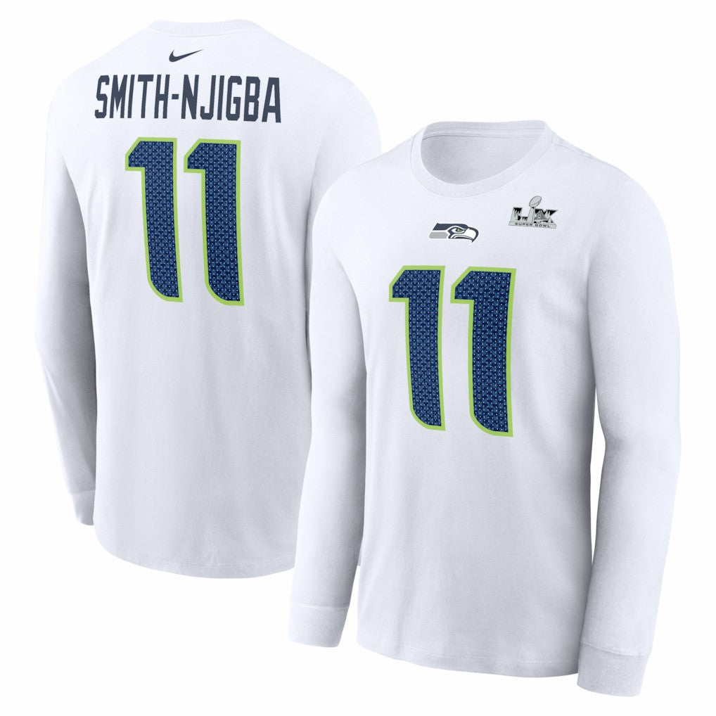 Jaxon Smith-Njigba Seattle Seahawks Super Bowl LX Champions Patch Name & Number Long Sleeve T-Shirt White | Nike for Sale