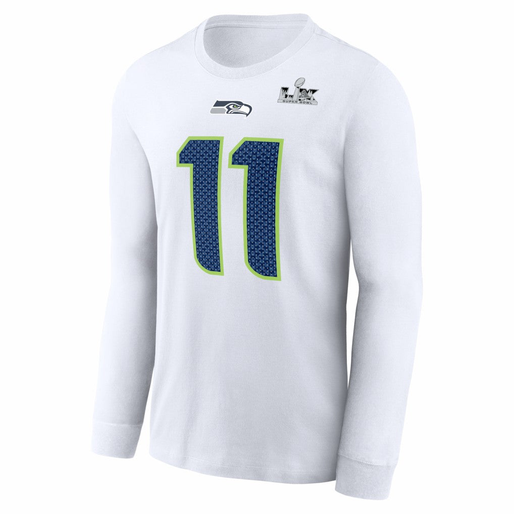 Jaxon Smith-Njigba Seattle Seahawks Super Bowl LX Champions Patch Name & Number Long Sleeve T-Shirt White | Nike for Sale