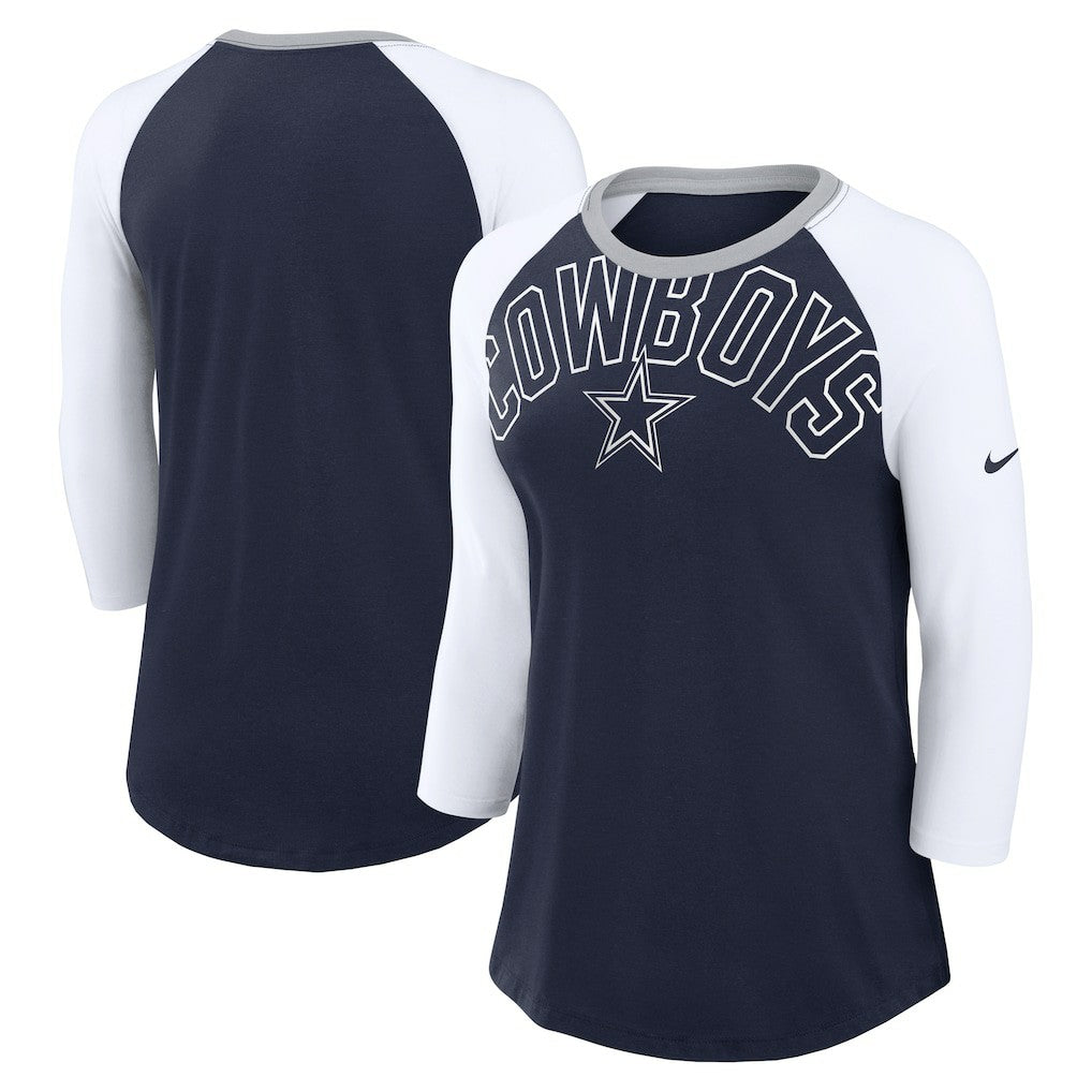 Dallas Cowboys Women's Knockout Arch Raglan Tri-Blend 3/4-Sleeve T-Shirt Navy/White | Nike for Sale
