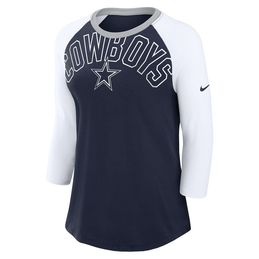 Dallas Cowboys Women's Knockout Arch Raglan Tri-Blend 3/4-Sleeve T-Shirt Navy/White | Nike for Sale
