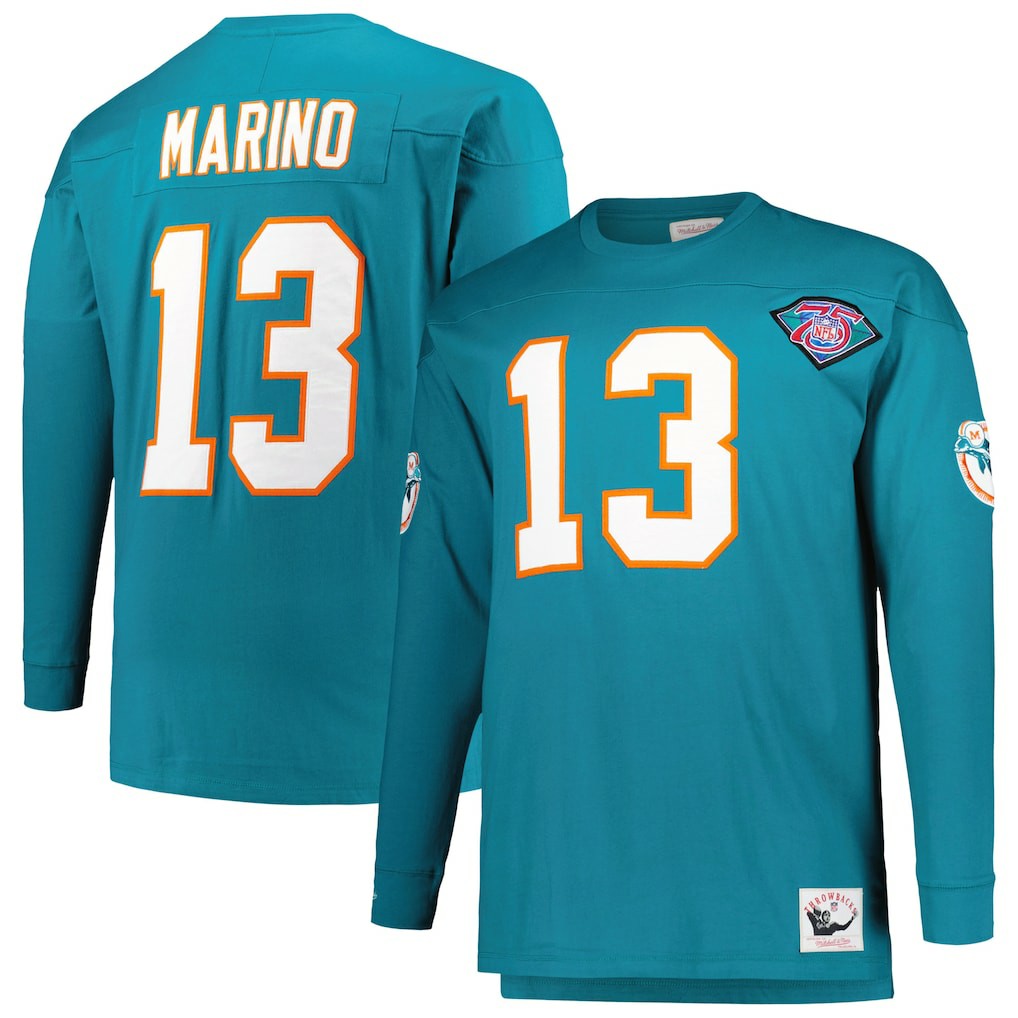 Dan Marino Miami Dolphins Big & Tall Cut & Sew Player Name & Number Long Sleeve T-Shirt Aqua | Mitchell & Ness