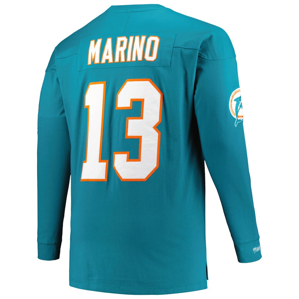 Dan Marino Miami Dolphins Big & Tall Cut & Sew Player Name & Number Long Sleeve T-Shirt Aqua | Mitchell & Ness