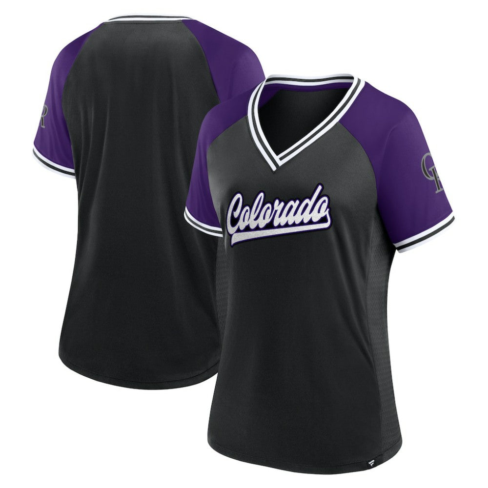 Colorado Rockies Fanatics Women's Glitz & Glam League Diva Raglan V-Neck T-Shirt - MLB
