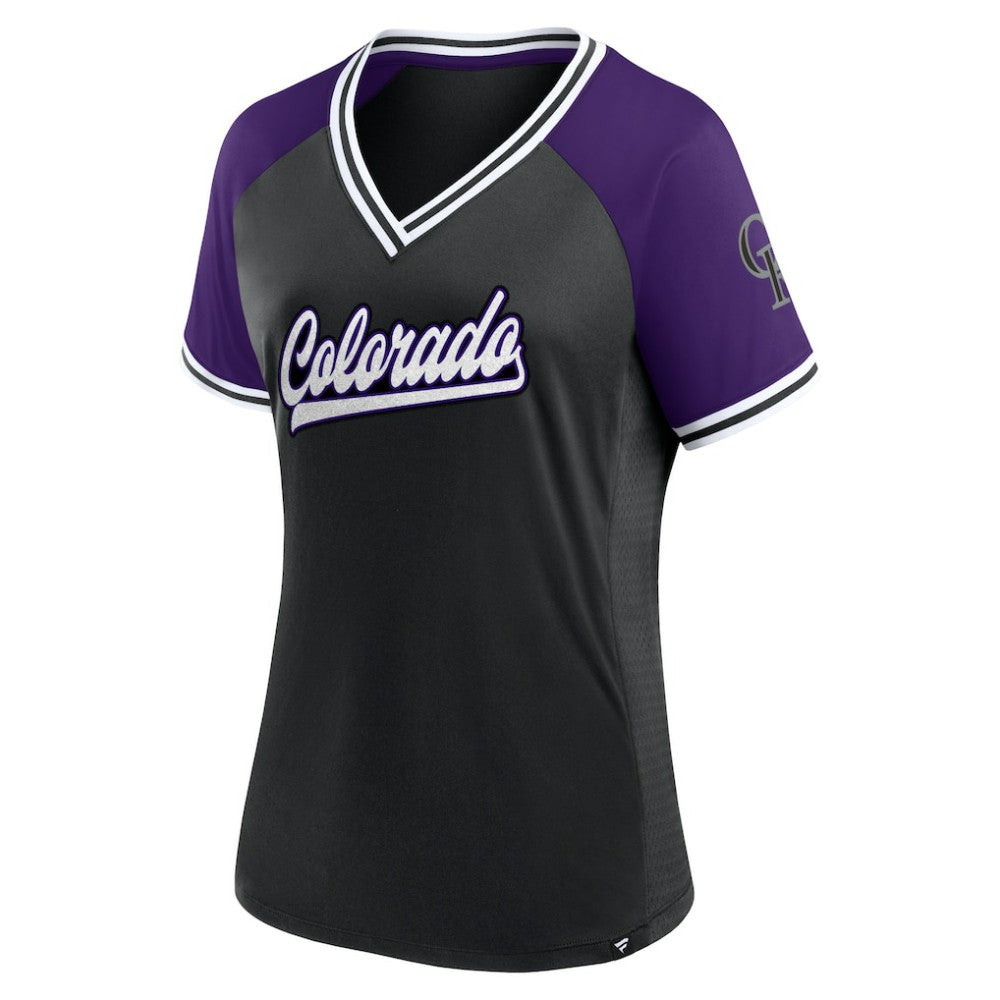 Colorado Rockies Fanatics Women's Glitz & Glam League Diva Raglan V-Neck T-Shirt - MLB
