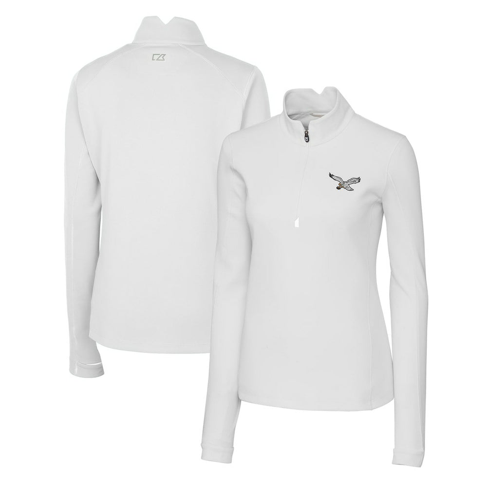 Philadelphia Eagles Cutter & Buck Women's Gridiron Classics Logo DryTec Traverse Stretch Quarter-Zip Pullover Top White | NFL