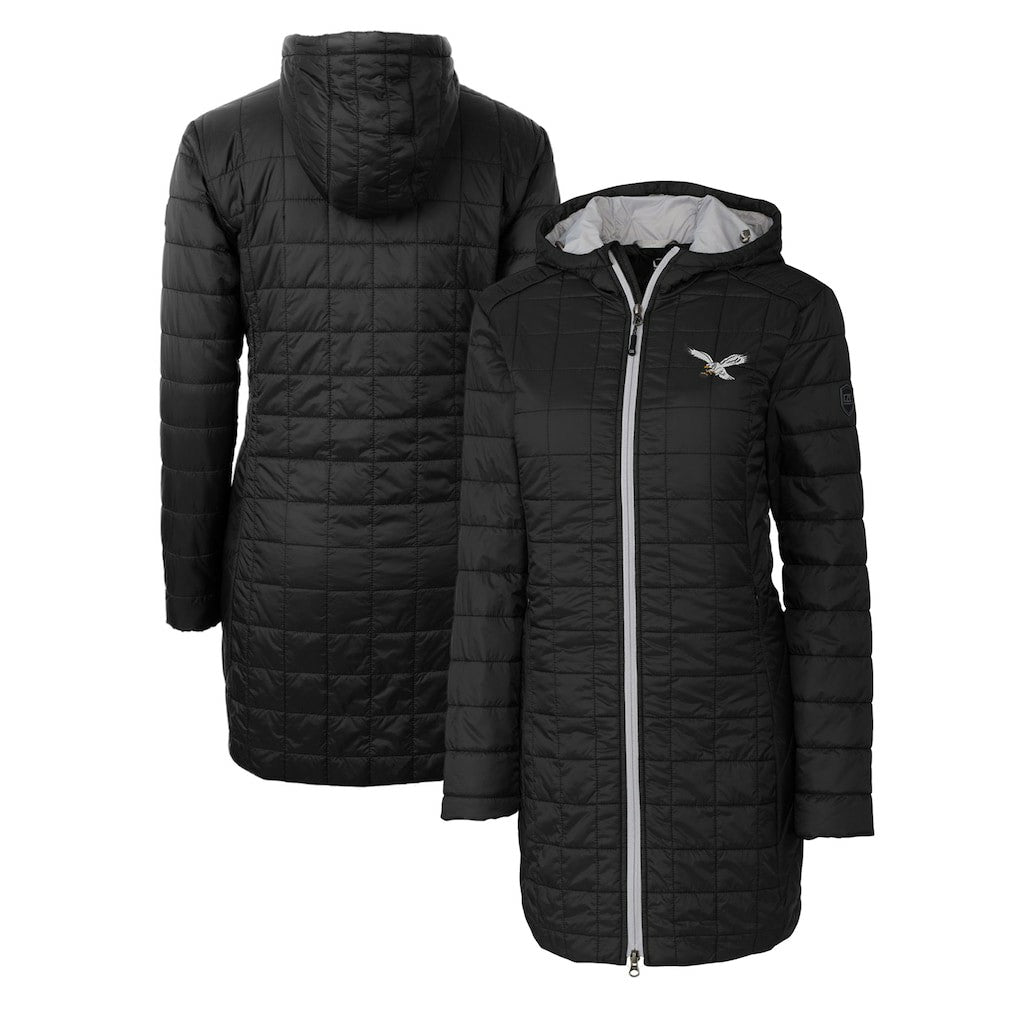 Philadelphia Eagles Cutter & Buck Women's Gridiron Classics Logo Rainier Primaloft Eco Insulated Hooded Long Coat Black | NFL