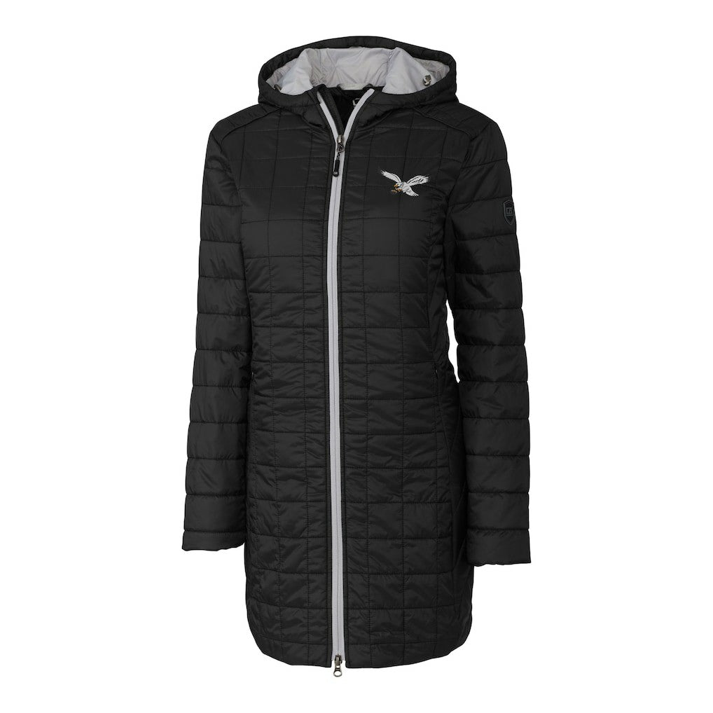 Philadelphia Eagles Cutter & Buck Women's Gridiron Classics Logo Rainier Primaloft Eco Insulated Hooded Long Coat Black | NFL