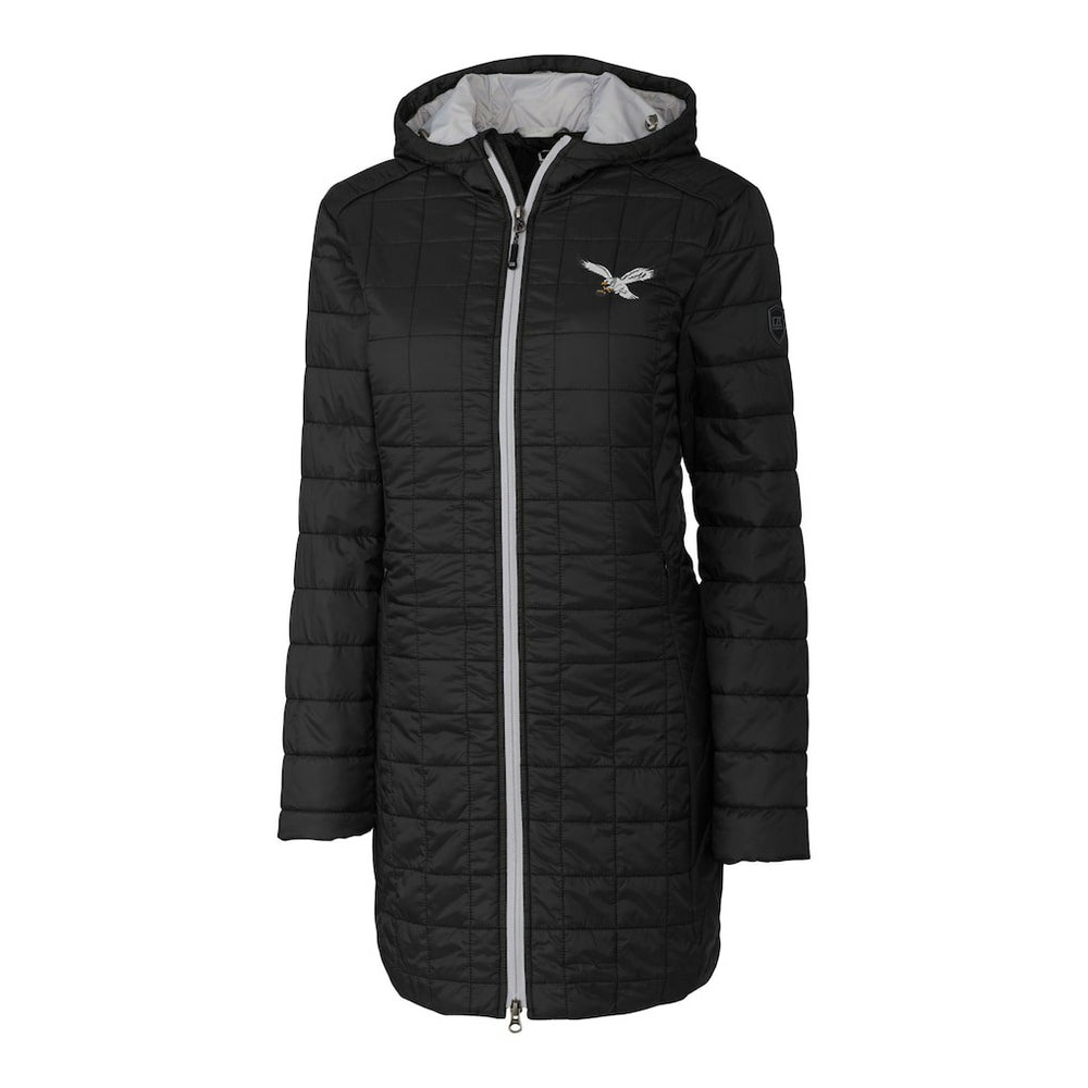 Philadelphia Eagles Cutter & Buck Women's Gridiron Classics Logo Rainier Primaloft Eco Insulated Hooded Long Coat Black | NFL