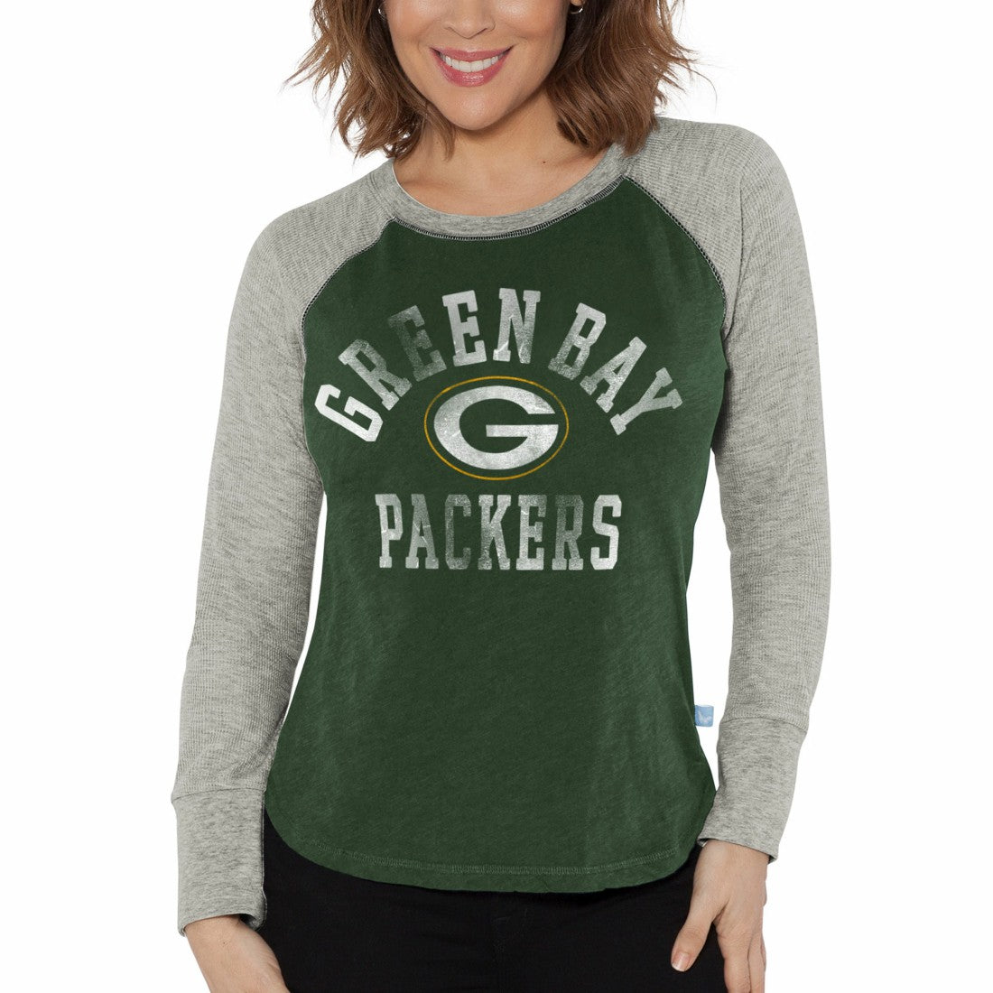 Green Bay Packers G-III 4Her by Carl Banks Women's Waffle Knit Raglan Long Sleeve T-Shirt Green/Heather Gray | NFL