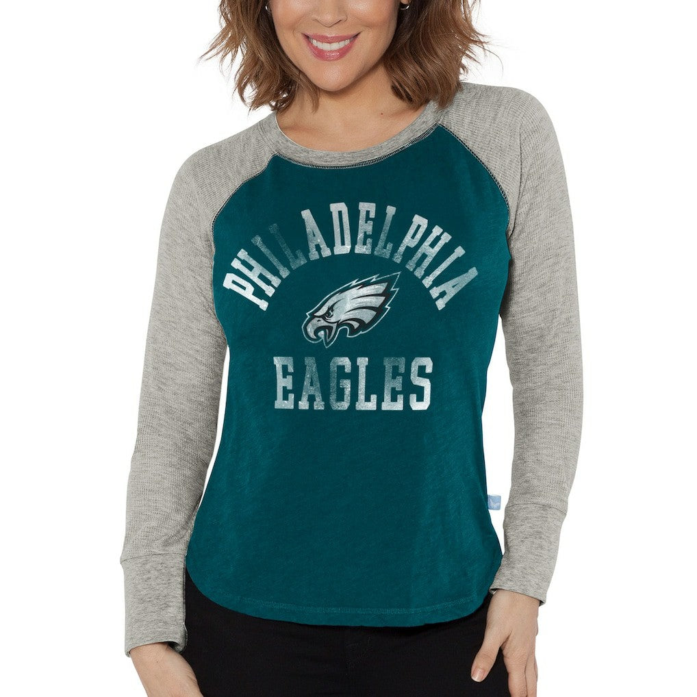 Philadelphia Eagles G-III 4Her by Carl Banks Women's Waffle Knit Raglan Long Sleeve T-Shirt Midnight Green/Heather Gray | NFL