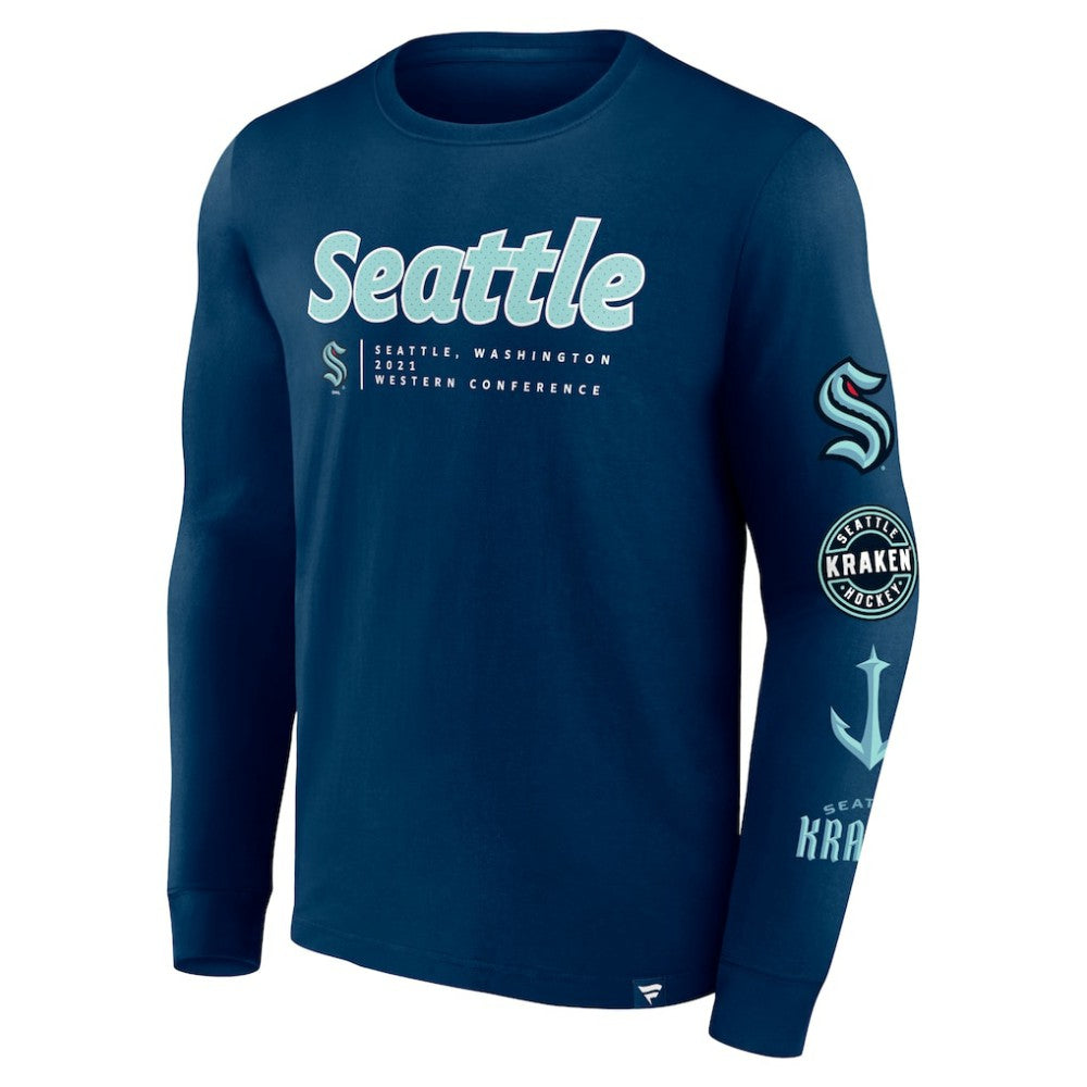 Seattle Kraken Fanatics Strike the Goal Long Sleeve T-Shirt - Deep Sea Blue - NHL