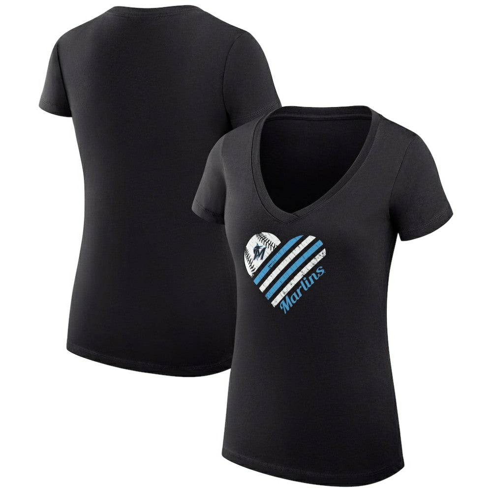 Miami Marlins G-III 4Her by Carl Banks Women's Super-Slim Fit Lightweight Heart V-Neck T-Shirt - MLB
