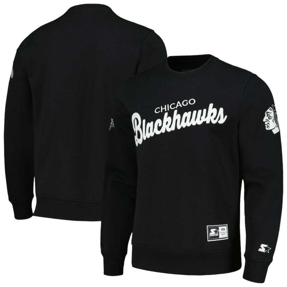 Chicago Blackhawks Starter x NHL Black Ice Cross Check Pullover Sweatshirt - Black - NHL