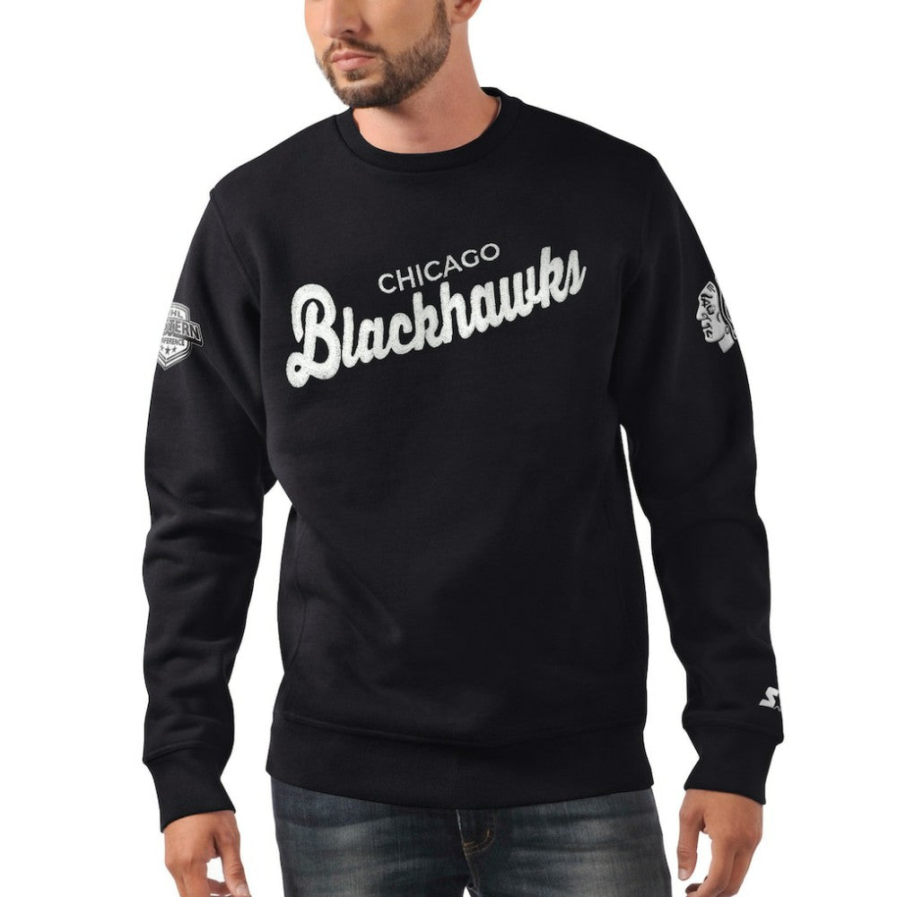 Chicago Blackhawks Starter x NHL Black Ice Cross Check Pullover Sweatshirt - Black - NHL