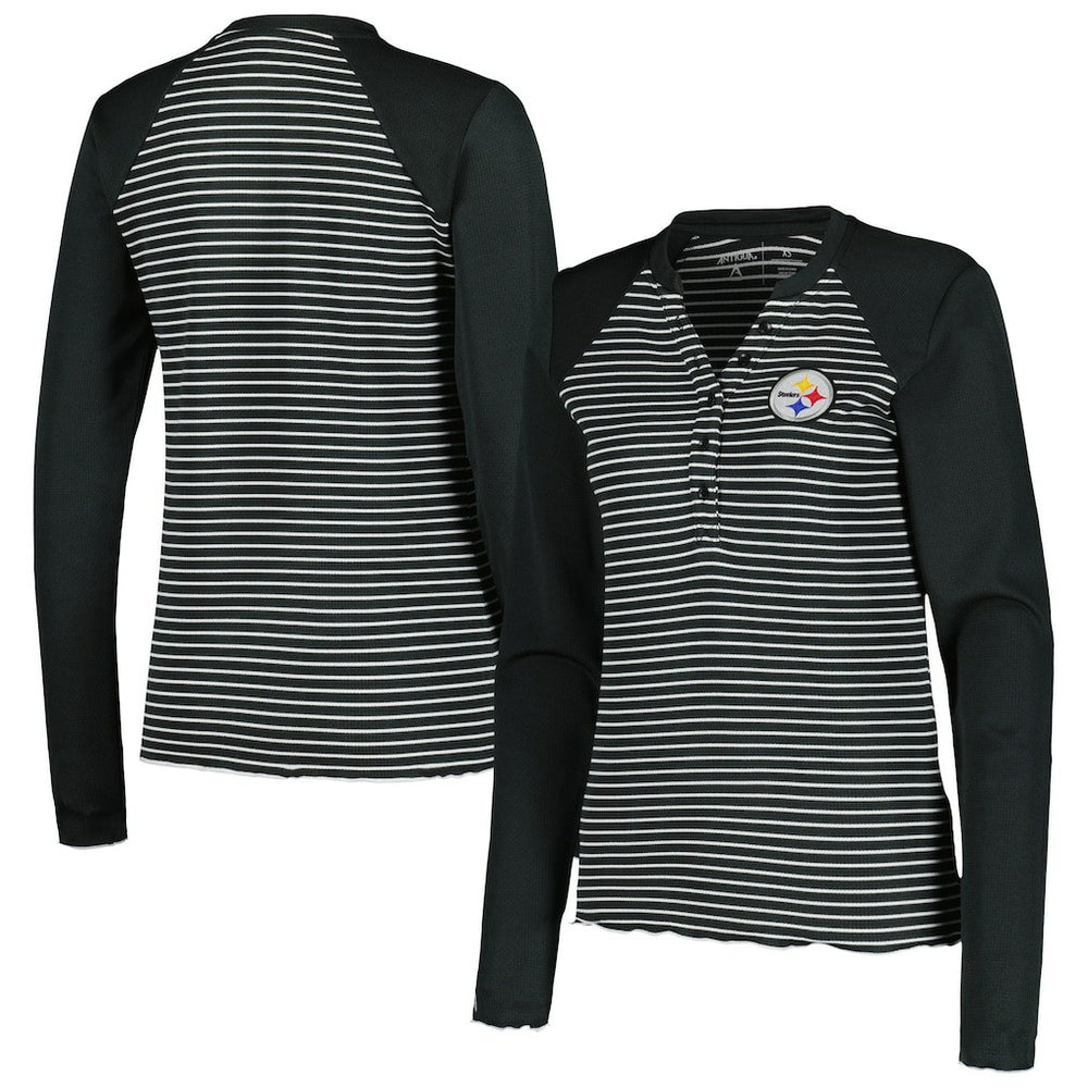 Pittsburgh Steelers Antigua Women's Maverick Waffle Henley Long Sleeve T-Shirt Black | NFL