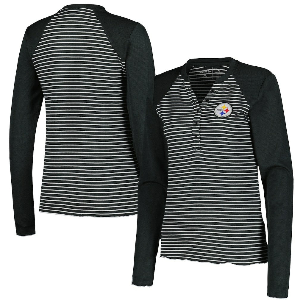 Pittsburgh Steelers Antigua Women's Maverick Waffle Henley Long Sleeve T-Shirt Black | NFL