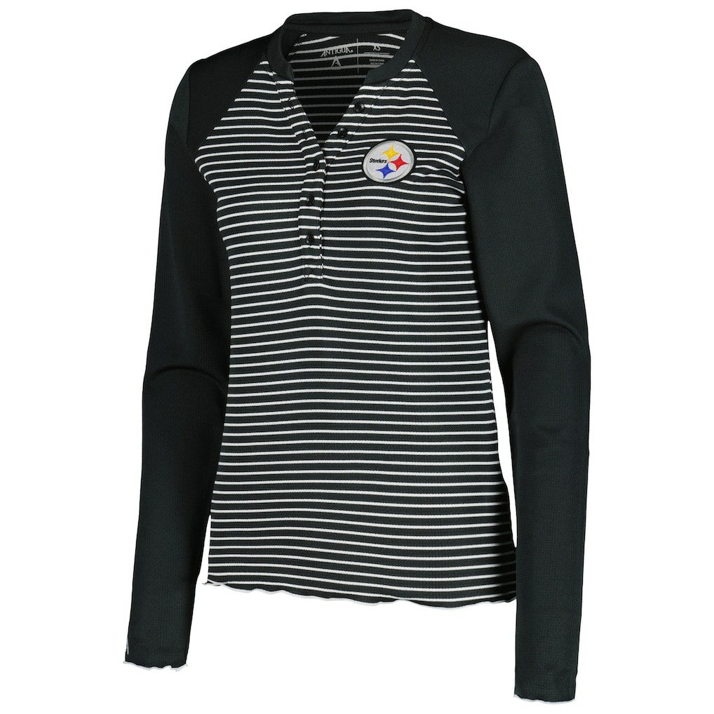 Pittsburgh Steelers Antigua Women's Maverick Waffle Henley Long Sleeve T-Shirt Black | NFL