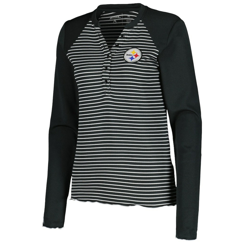 Pittsburgh Steelers Antigua Women's Maverick Waffle Henley Long Sleeve T-Shirt Black | NFL