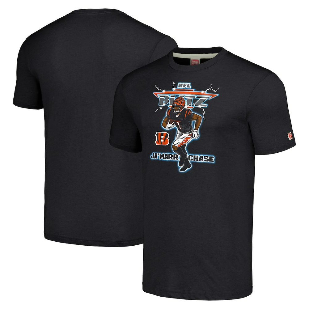 Ja'Marr Chase Cincinnati Bengals Homage Unisex NFL Blitz Player Tri-Blend T-Shirt Heathered Charcoal | NFL
