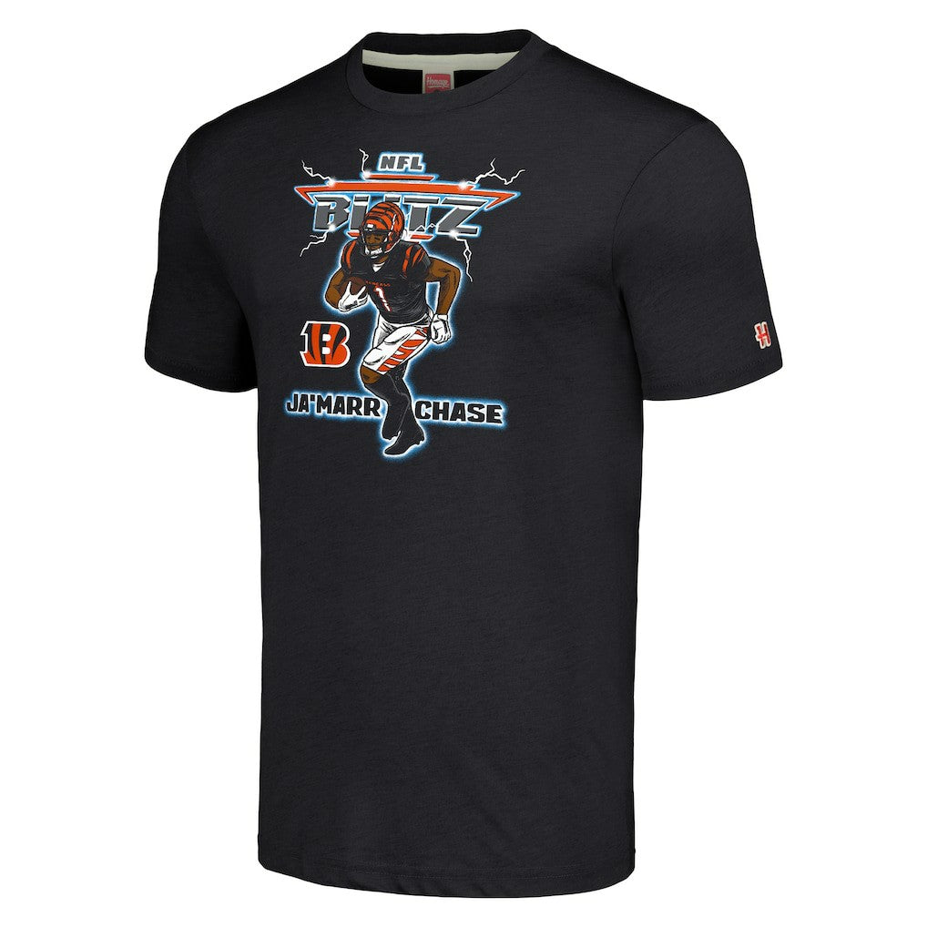 Ja'Marr Chase Cincinnati Bengals Homage Unisex NFL Blitz Player Tri-Blend T-Shirt Heathered Charcoal | NFL
