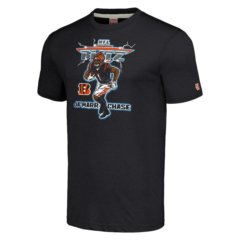 Ja'Marr Chase Cincinnati Bengals Homage Unisex NFL Blitz Player Tri-Blend T-Shirt Heathered Charcoal | NFL