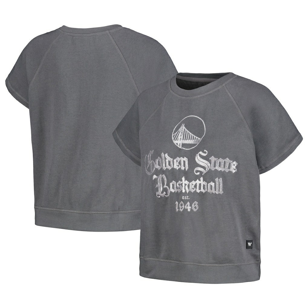 Golden State Warriors The Wild Collective Women's Embroidered Fleece Raglan Short Sleeve Pullover Sweatshirt Gray - NBA