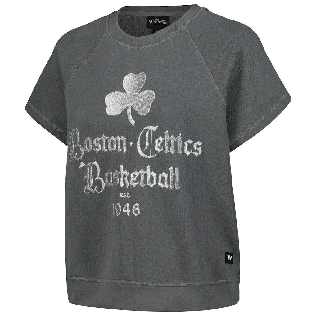 Boston Celtics The Wild Collective Women's Embroidered Fleece Raglan Short Sleeve Pullover Sweatshirt Gray - NBA