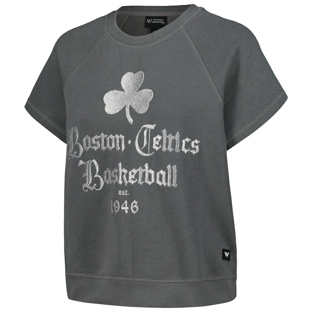 Boston Celtics The Wild Collective Women's Embroidered Fleece Raglan Short Sleeve Pullover Sweatshirt Gray - NBA